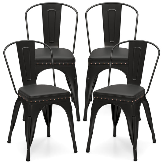 Metal Dining Chair Set of 4 Stackable Kitchen Chairs with Removable Backs and PU Leather Cushioned Seat, Black Dining Chairs Black at Gallery Canada