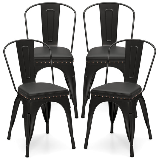 Metal Dining Chair Set Of 4, Stackable, Removable Back, PU Leather Seat, Black