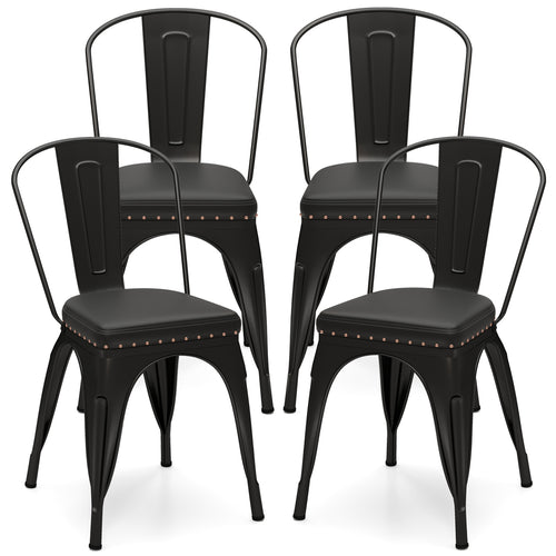 Metal Dining Chair Set of 4 Stackable Kitchen Chairs with Removable Backs and PU Leather Cushioned Seat, Black
