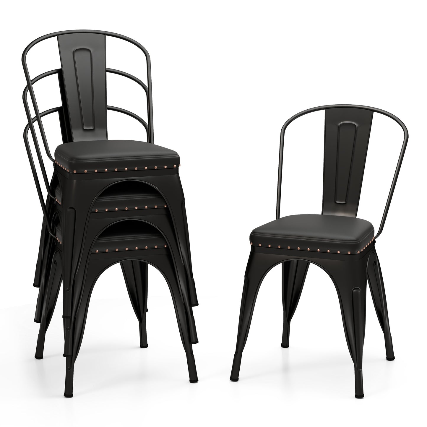 Metal Dining Chair Set of 4 Stackable Kitchen Chairs with Removable Backs and PU Leather Cushioned Seat, Black Dining Chairs at Gallery Canada