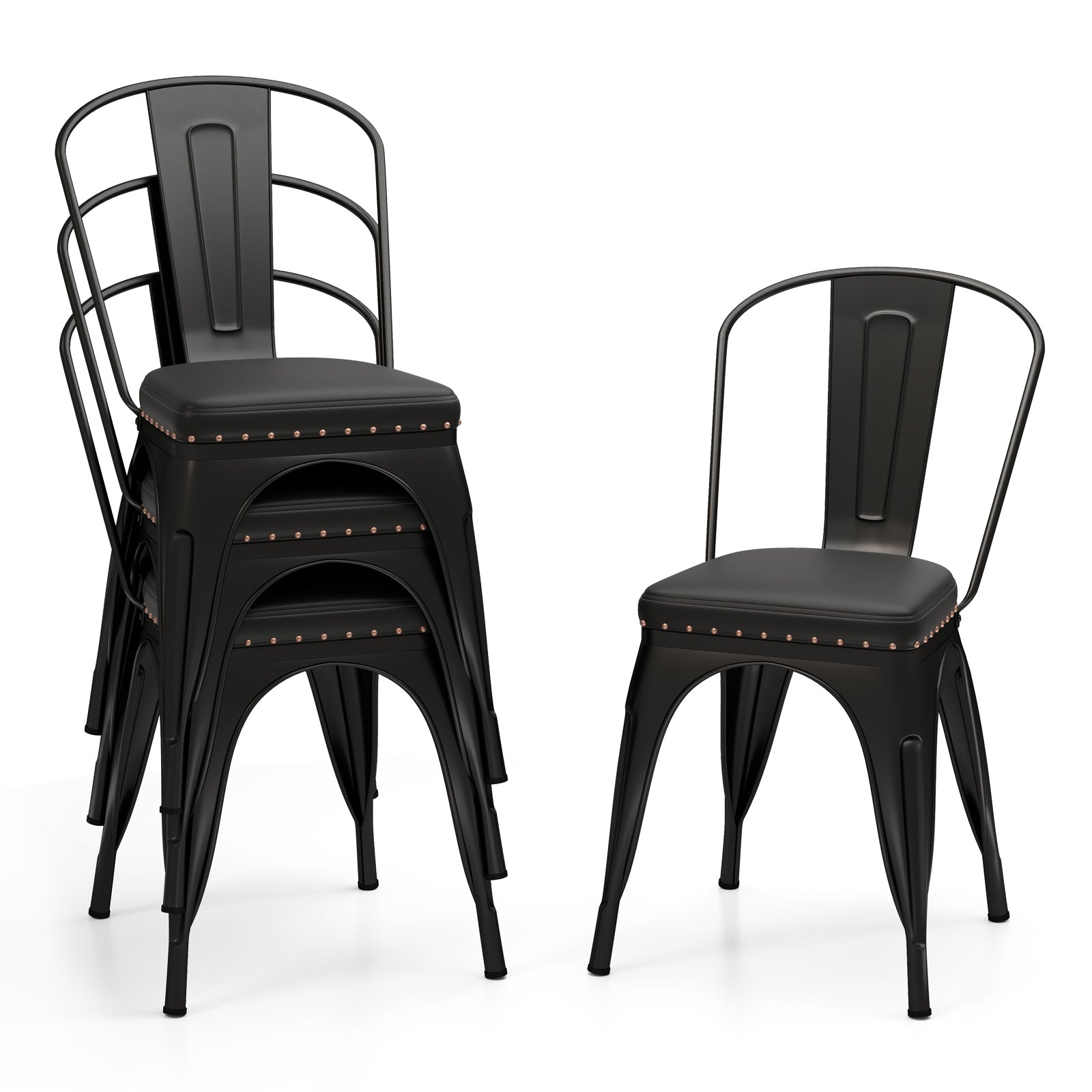 Metal Dining Chair Set of 4 Stackable Kitchen Chairs with Removable Backs and PU Leather Cushioned Seat, Black Dining Chairs at Gallery Canada