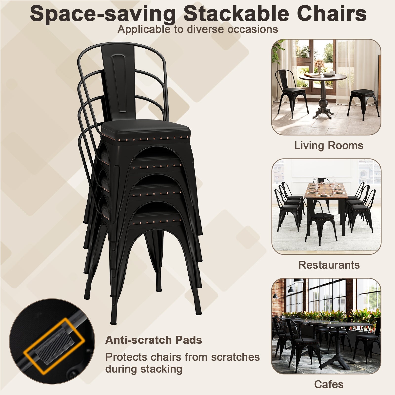 Metal Dining Chair Set of 4 Stackable Kitchen Chairs with Removable Backs and PU Leather Cushioned Seat, Black Dining Chairs at Gallery Canada