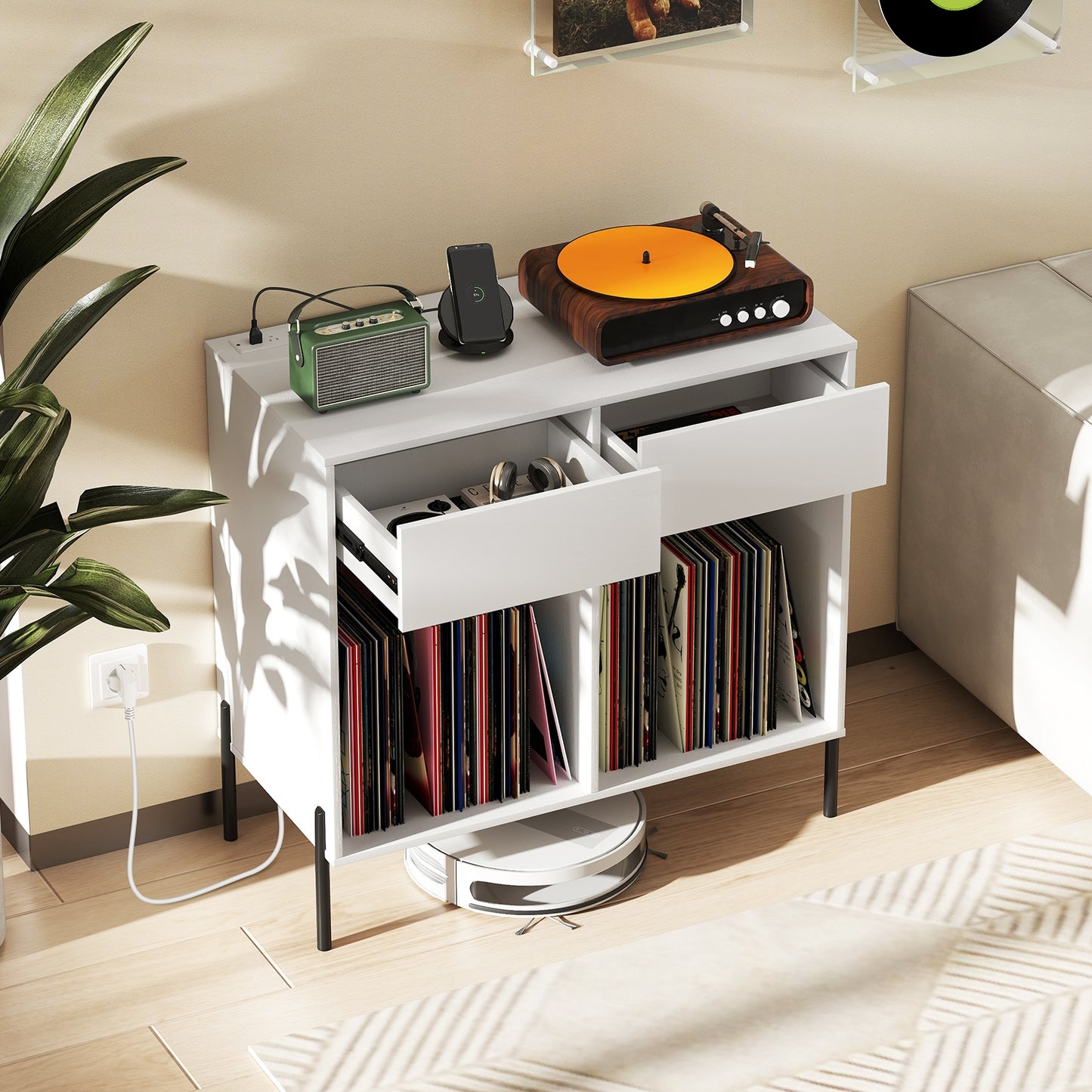 Record Player Stand with Power Outlets Double Wide Turntable Stand Vinyl Record Storage Table, White Cabinets & Chests at Gallery Canada
