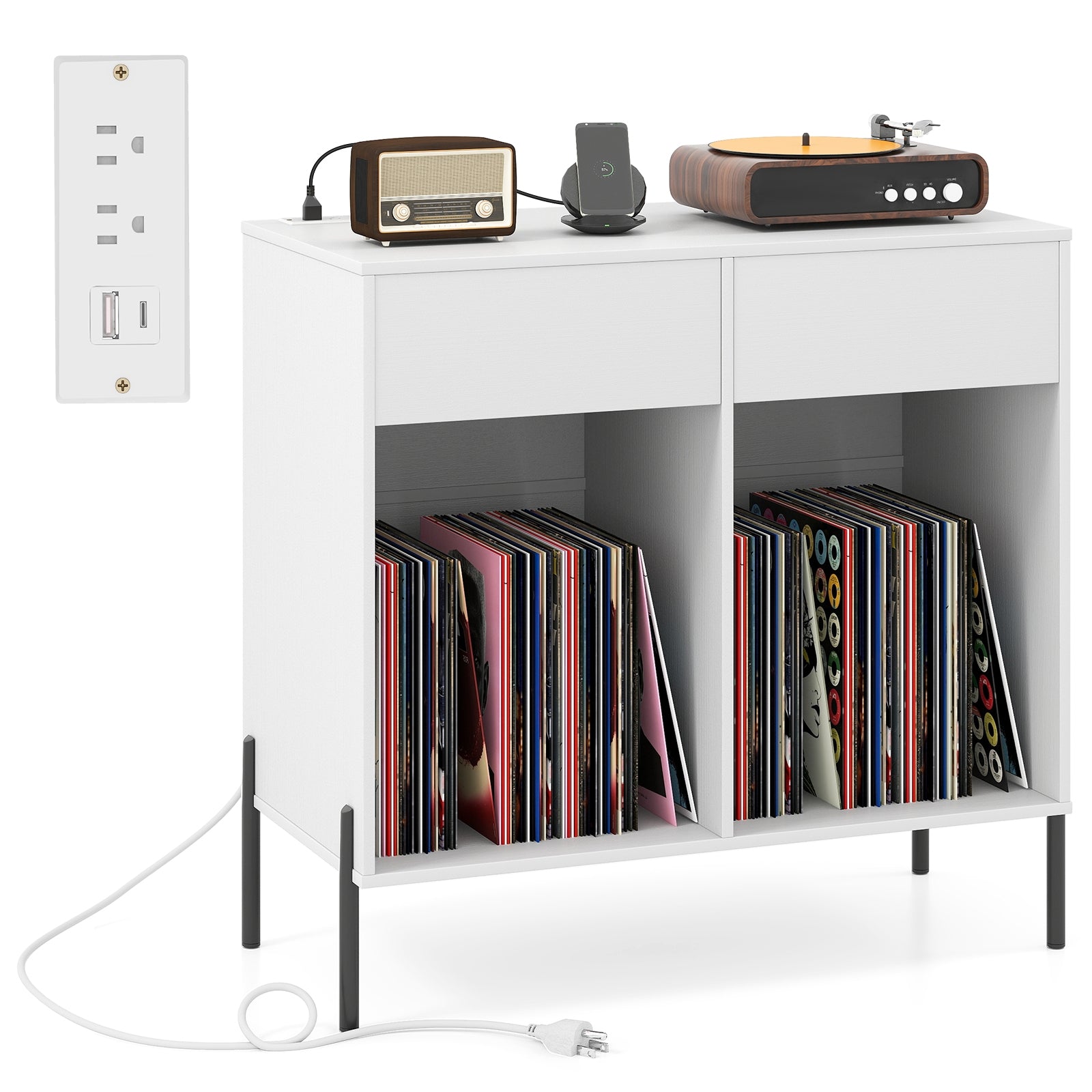 Record Player Stand with Power Outlets Double Wide Turntable Stand Vinyl Record Storage Table, White Cabinets & Chests at Gallery Canada
