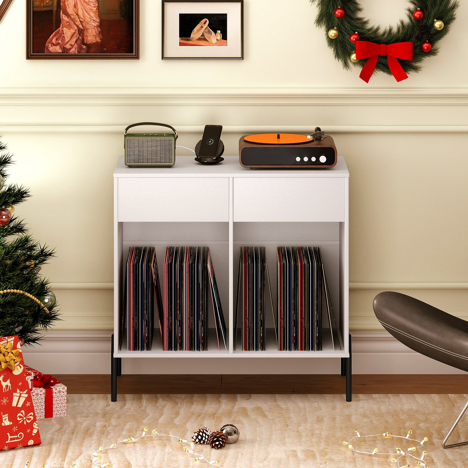 Record Player Stand with Power Outlets Double Wide Turntable Stand Vinyl Record Storage Table, White Cabinets & Chests at Gallery Canada