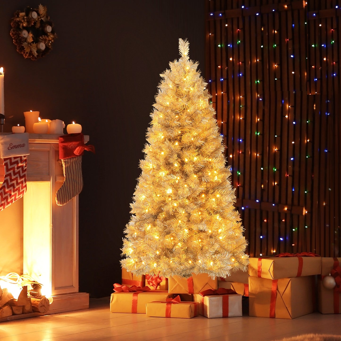 Artificial Xmas Tree with Branch Tips and Warm White LED Lights-5FT, Silver Christmas Tree at Gallery Canada