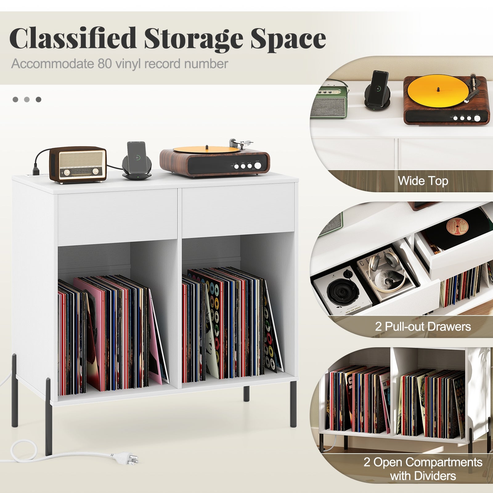 Record Player Stand with Power Outlets Double Wide Turntable Stand Vinyl Record Storage Table, White Cabinets & Chests at Gallery Canada
