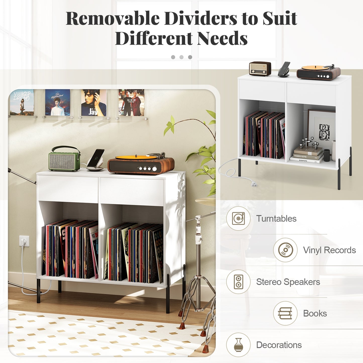 Record Player Stand with Power Outlets Double Wide Turntable Stand Vinyl Record Storage Table, White Cabinets & Chests at Gallery Canada