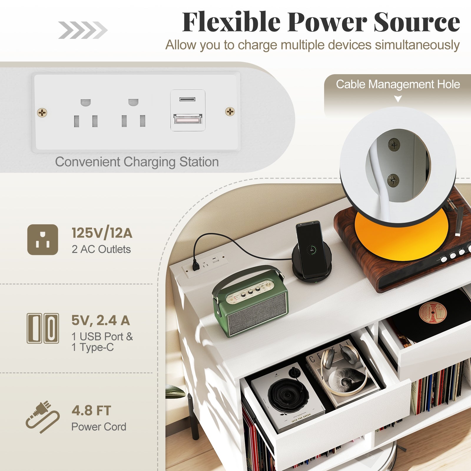 Record Player Stand with Power Outlets Double Wide Turntable Stand Vinyl Record Storage Table, White Cabinets & Chests at Gallery Canada