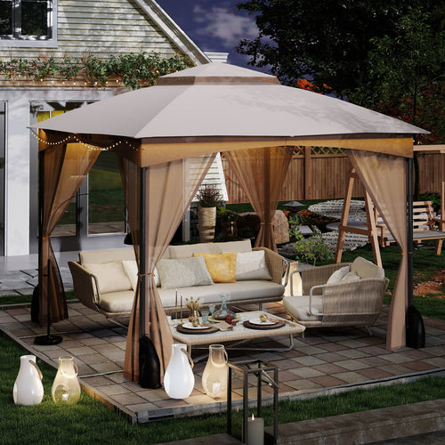 10 X 10 FT Heavy-Duty Patio Gazebo with Netting Walls and 4 Sandbags, Khaki