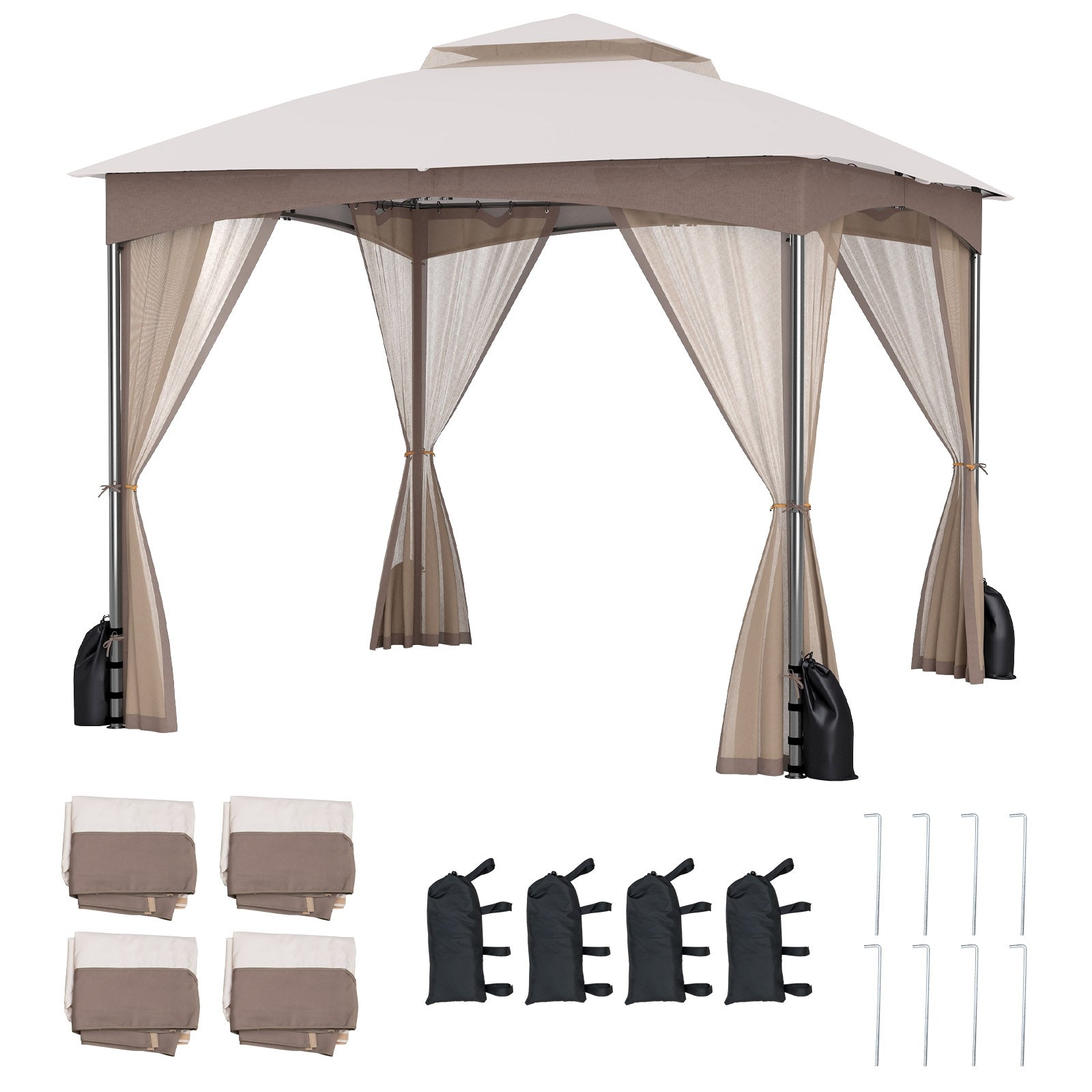 10 X 10 FT Heavy-Duty Patio Gazebo with Netting Walls and 4 Sandbags, Khaki Gazebos at Gallery Canada