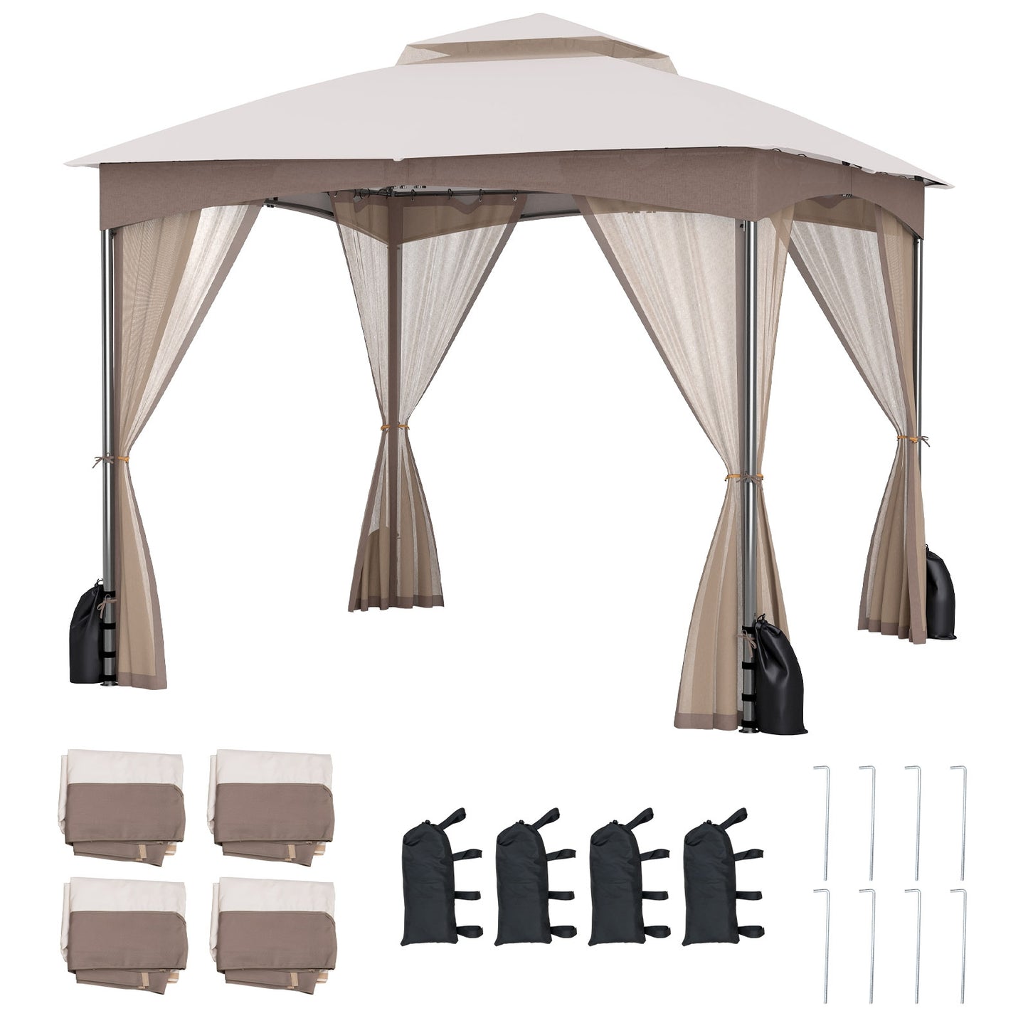 10 X 10 Ft Heavy-Duty Patio Gazebo, Netting Walls, 4 Sandbags, Khaki Gazebos Khaki at Gallery Canada