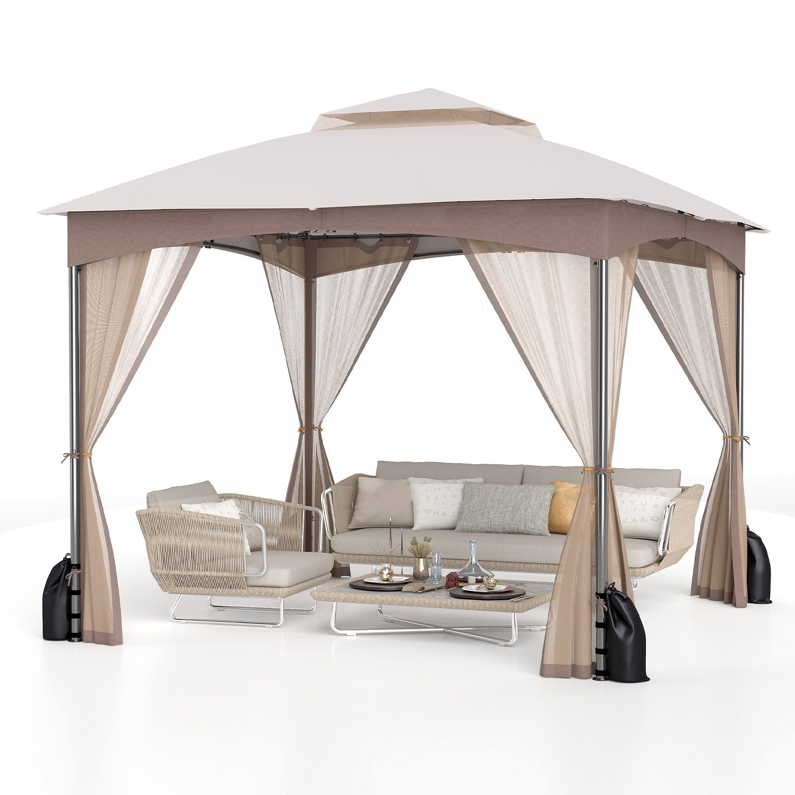 10 X 10 FT Heavy-Duty Patio Gazebo with Netting Walls and 4 Sandbags, Khaki Gazebos at Gallery Canada