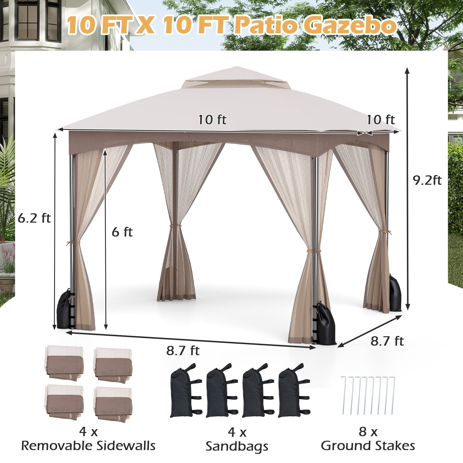 10 X 10 FT Heavy-Duty Patio Gazebo with Netting Walls and 4 Sandbags, Khaki Gazebos at Gallery Canada