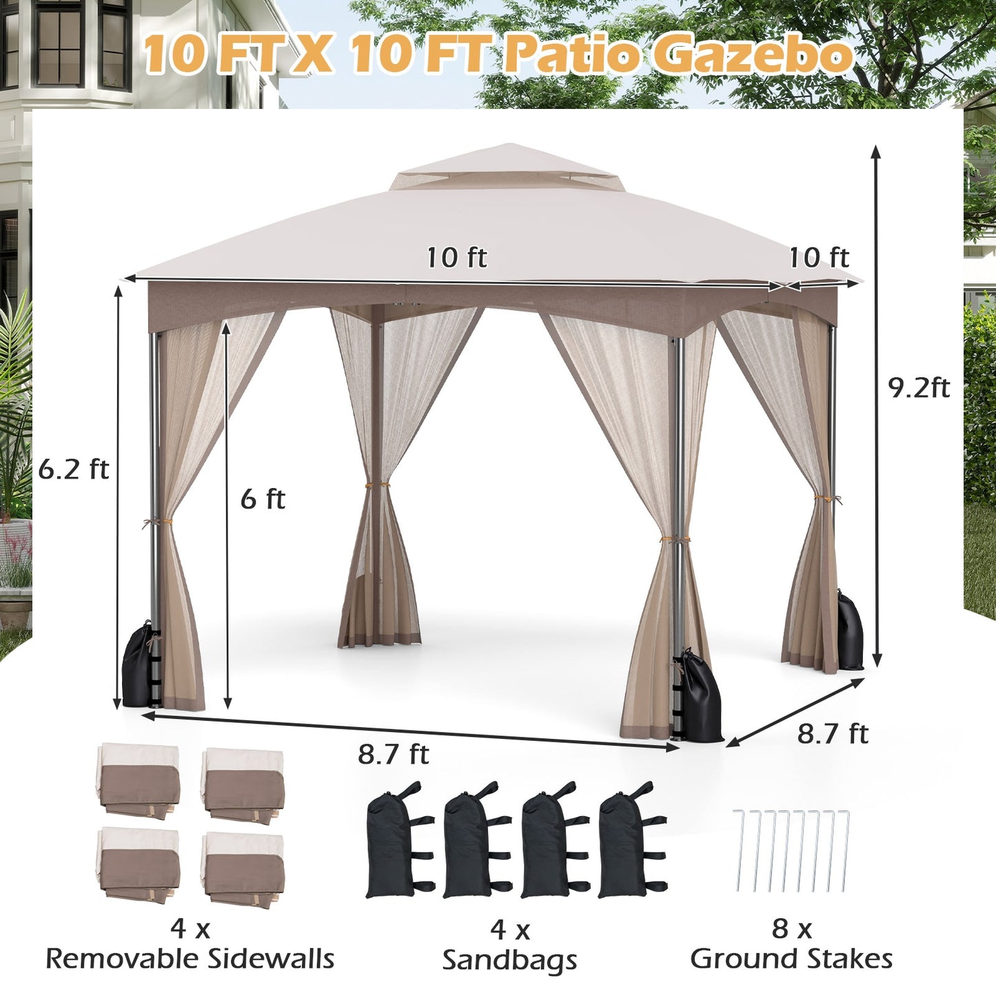10 X 10 FT Heavy-Duty Patio Gazebo with Netting Walls and 4 Sandbags, Khaki Gazebos at Gallery Canada