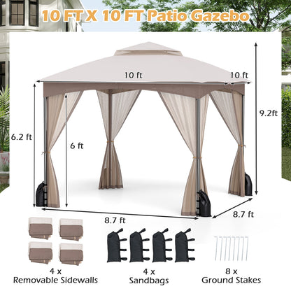 10 X 10 FT Heavy-Duty Patio Gazebo with Netting Walls and 4 Sandbags, Khaki Gazebos at Gallery Canada