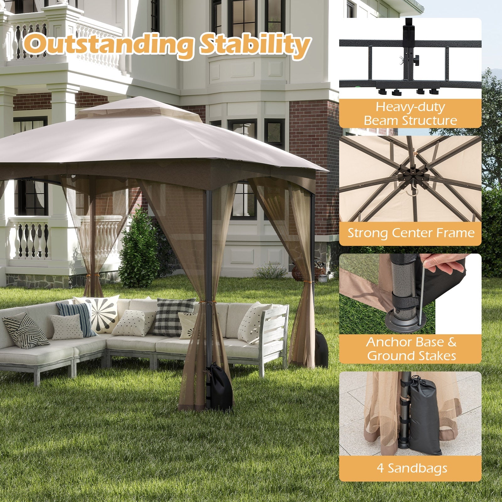 10 X 10 FT Heavy-Duty Patio Gazebo with Netting Walls and 4 Sandbags, Khaki Gazebos at Gallery Canada