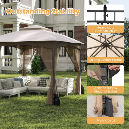 10 X 10 FT Heavy-Duty Patio Gazebo with Netting Walls and 4 Sandbags, Khaki Gazebos at Gallery Canada