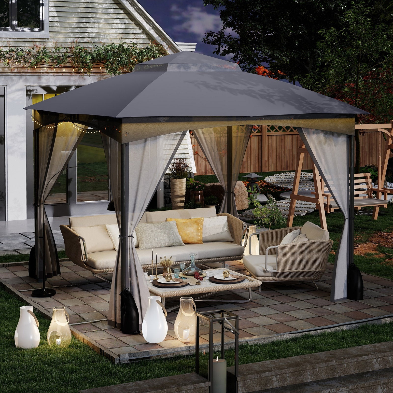10 X 10 FT Heavy-Duty Gazebo With Netting Walls, Gray Gazebos at Gallery Canada