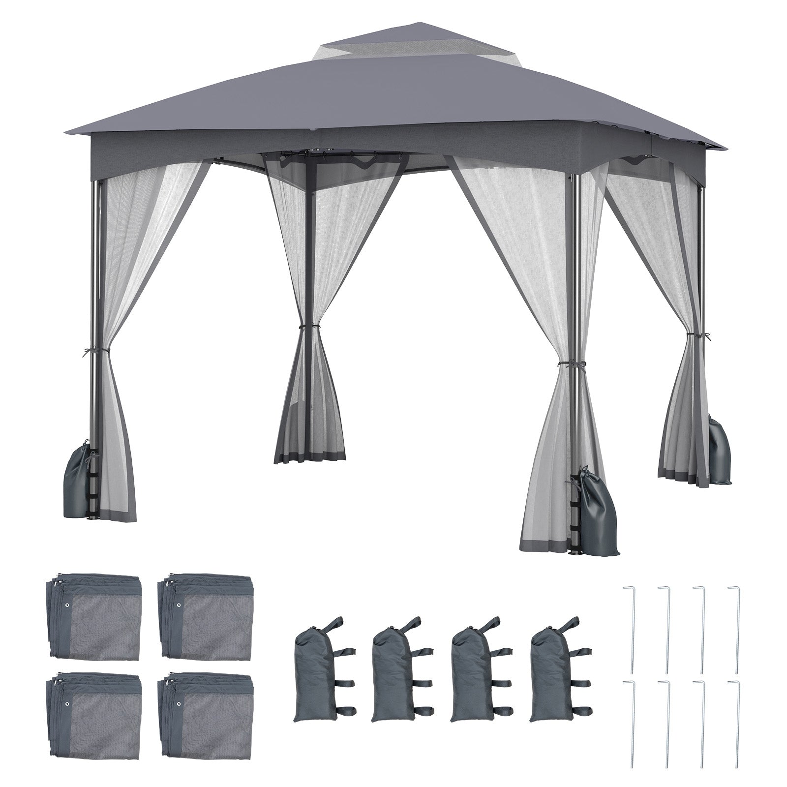 10 X 10 FT Heavy-Duty Gazebo With Netting Walls, Gray Gazebos Gray at Gallery Canada