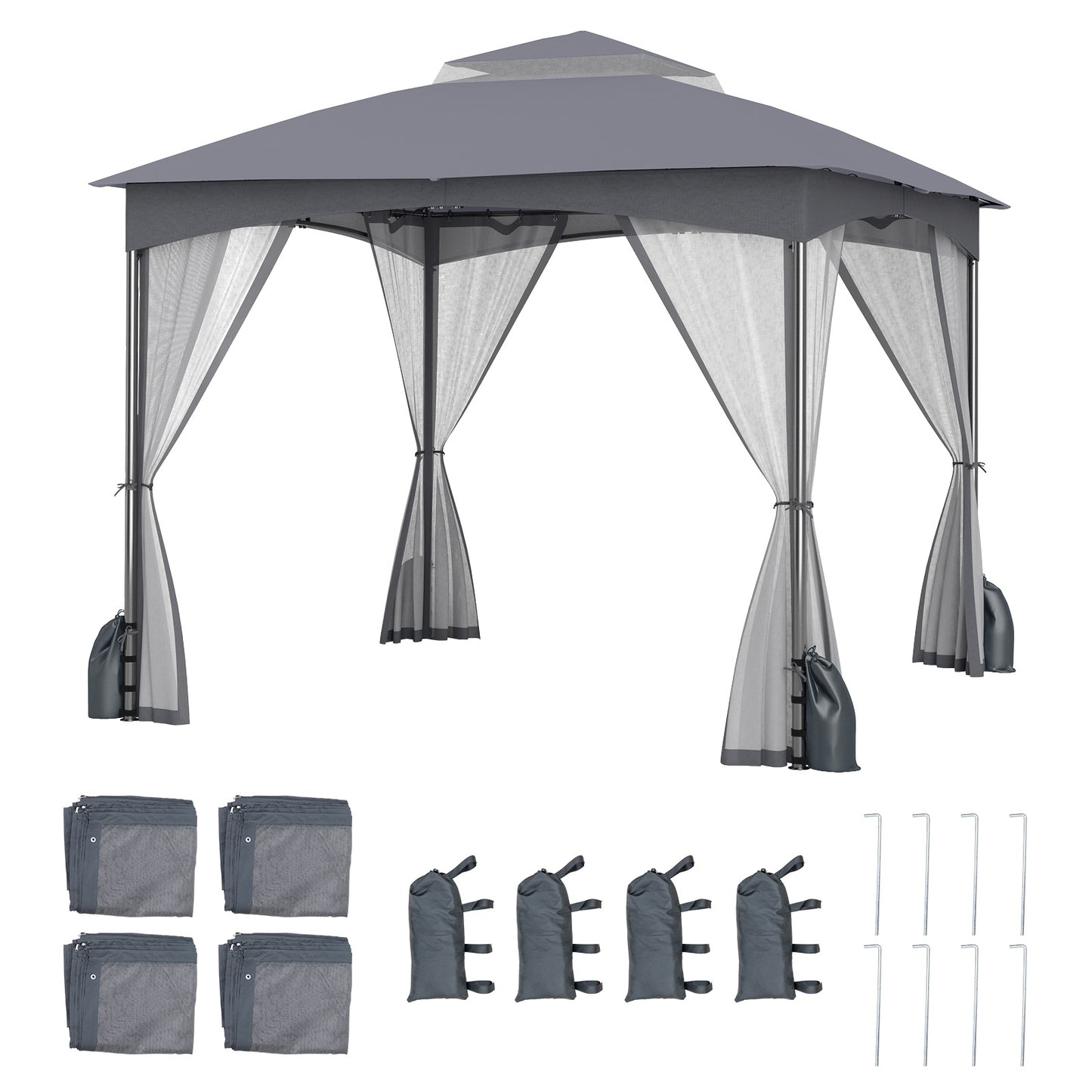 10 X 10 FT Heavy-Duty Gazebo With Netting Walls, Gray Gazebos Gray at Gallery Canada