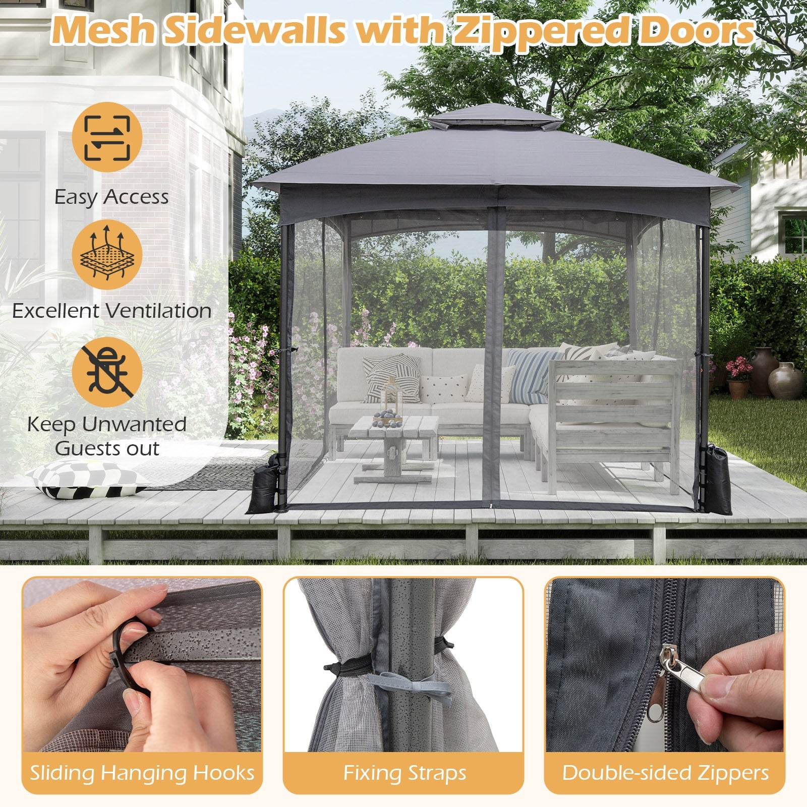 10 X 10 FT Heavy-Duty Gazebo With Netting Walls, Gray Gazebos at Gallery Canada