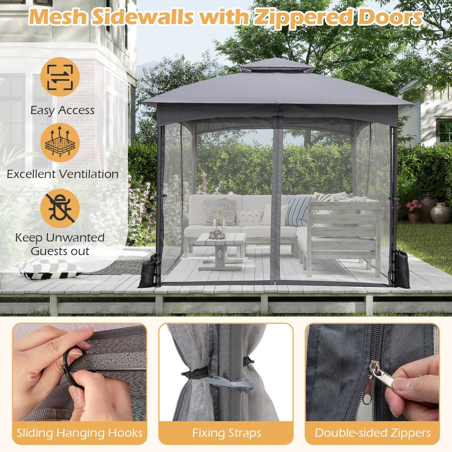 10 X 10 FT Heavy-Duty Gazebo With Netting Walls, Gray Gazebos at Gallery Canada