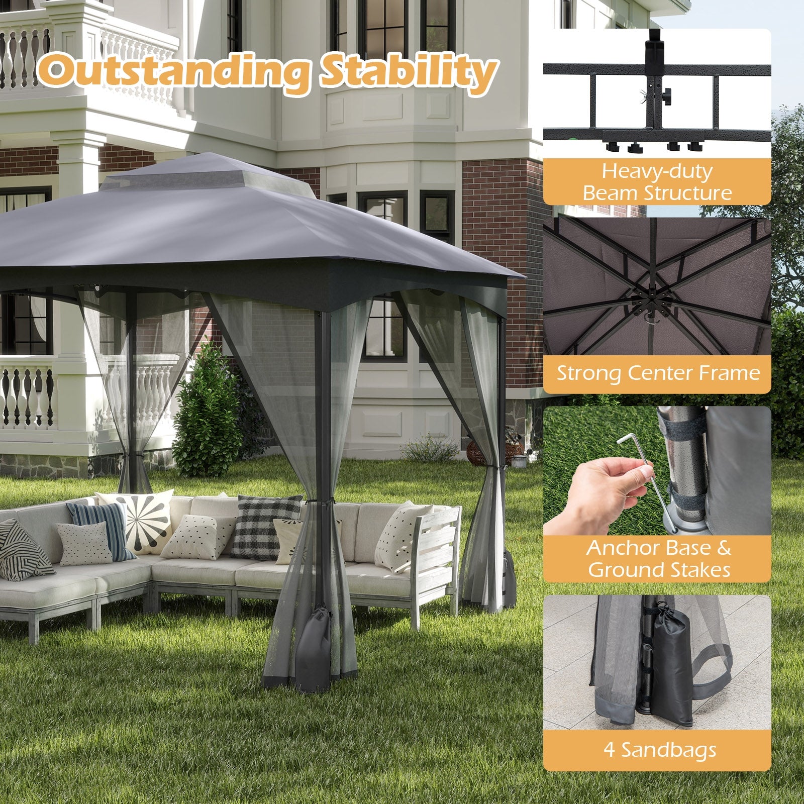 10 X 10 FT Heavy-Duty Gazebo With Netting Walls, Gray Gazebos at Gallery Canada