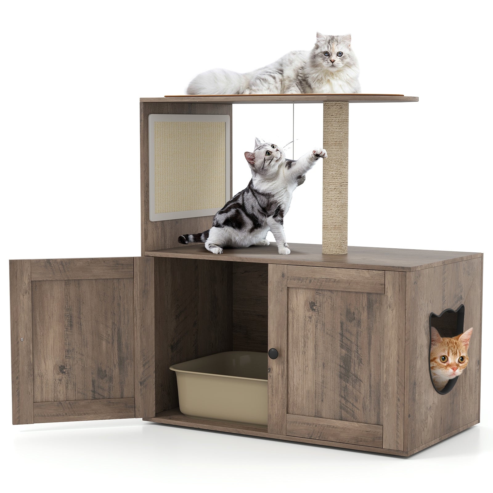 34.5 Inch Cat Tree with Litter Box Enclosure with Sisal Scratching Post and Mat, Gray Cat Trees Condos & Scratchers at Gallery Canada