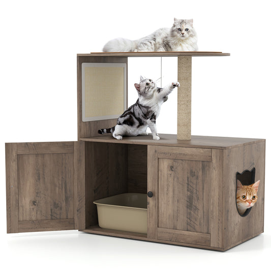 34.5 Inch Cat Tree with Litter Box Enclosure with Sisal Scratching Post and Mat, Gray Cat Trees Condos & Scratchers Gray at Gallery Canada