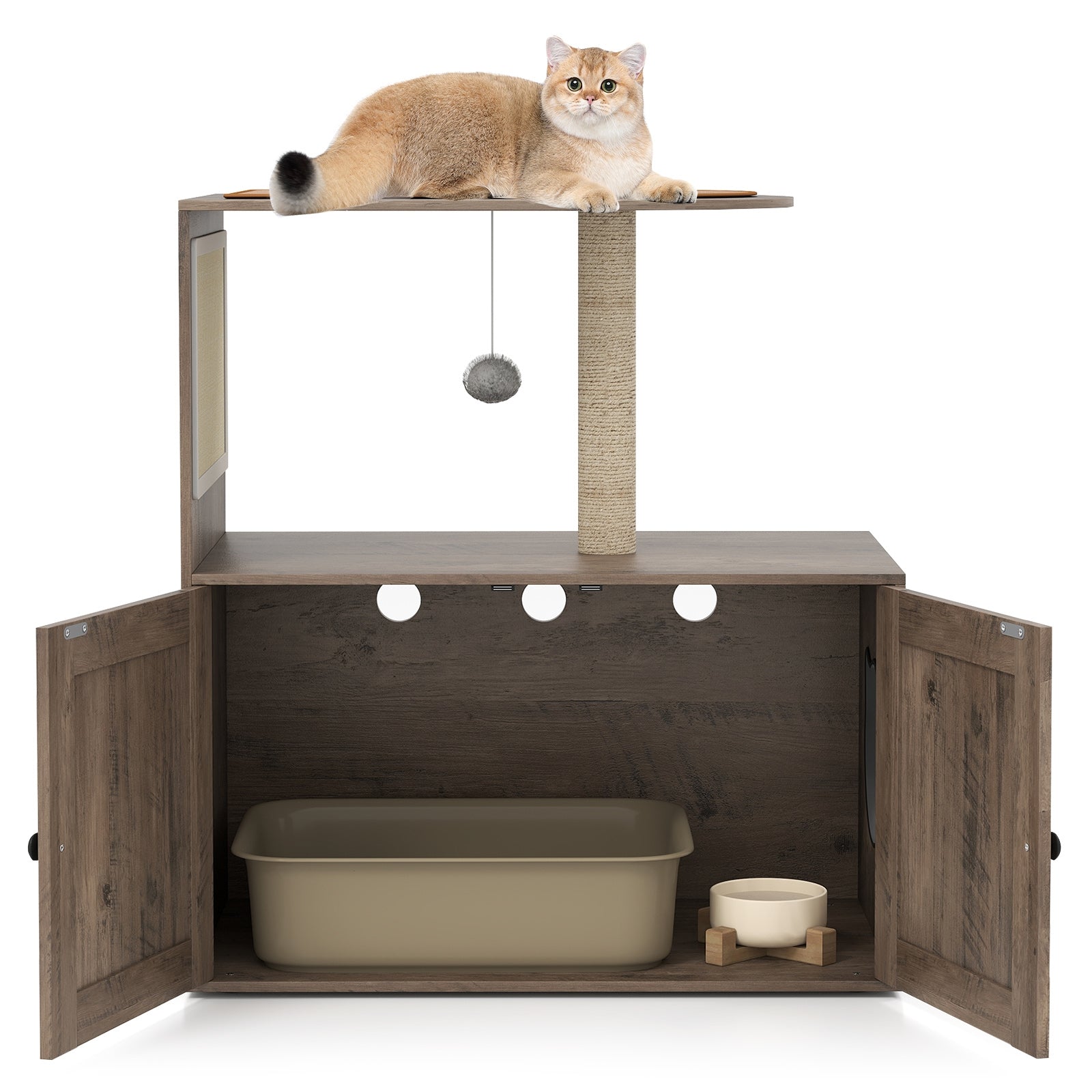 34.5 Inch Cat Tree with Litter Box Enclosure with Sisal Scratching Post and Mat, Gray Cat Trees Condos & Scratchers at Gallery Canada