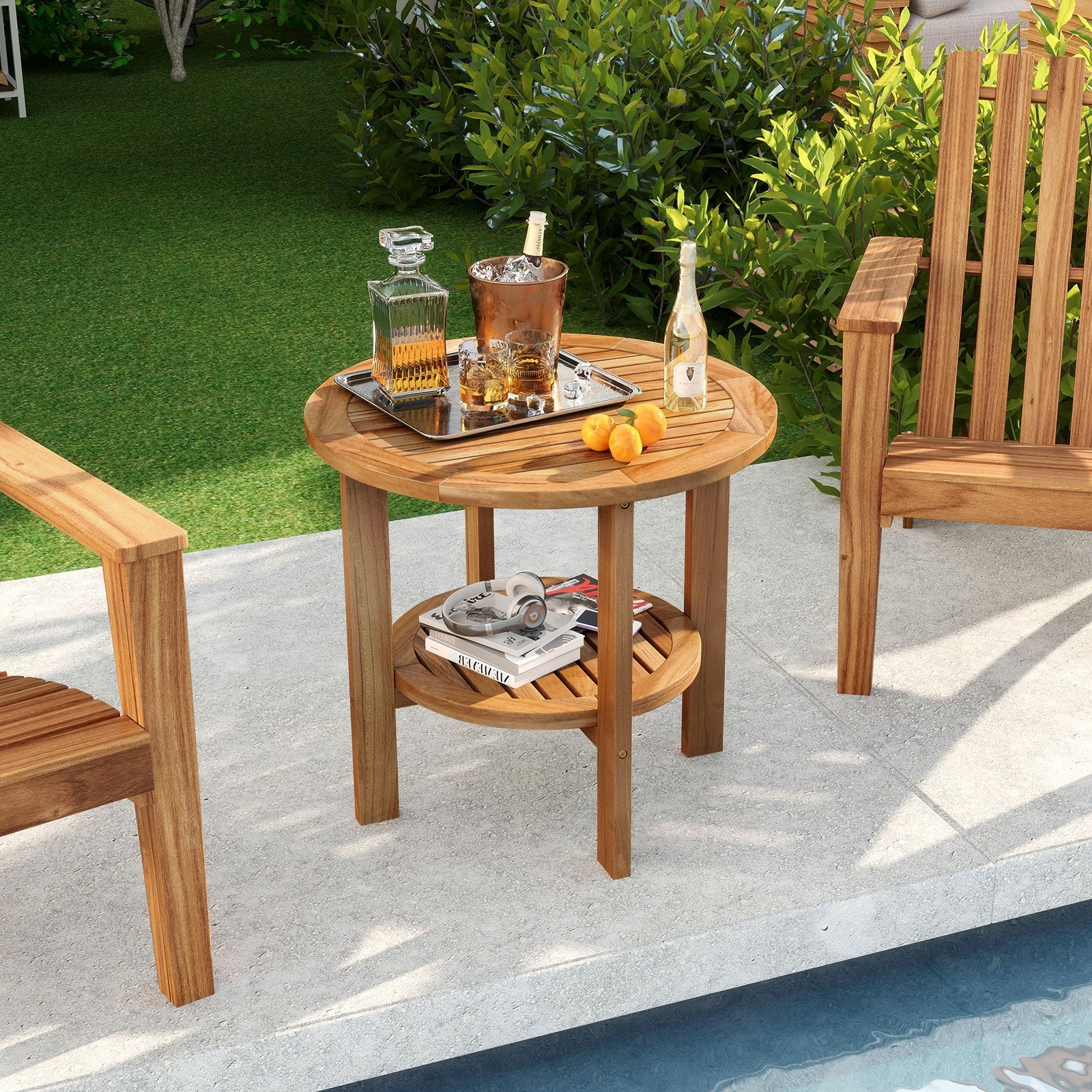 Outdoor Teak Wood Round Side Table Patio End Table with Slatted Storage Shelf, Natural Patio Coffee Tables at Gallery Canada