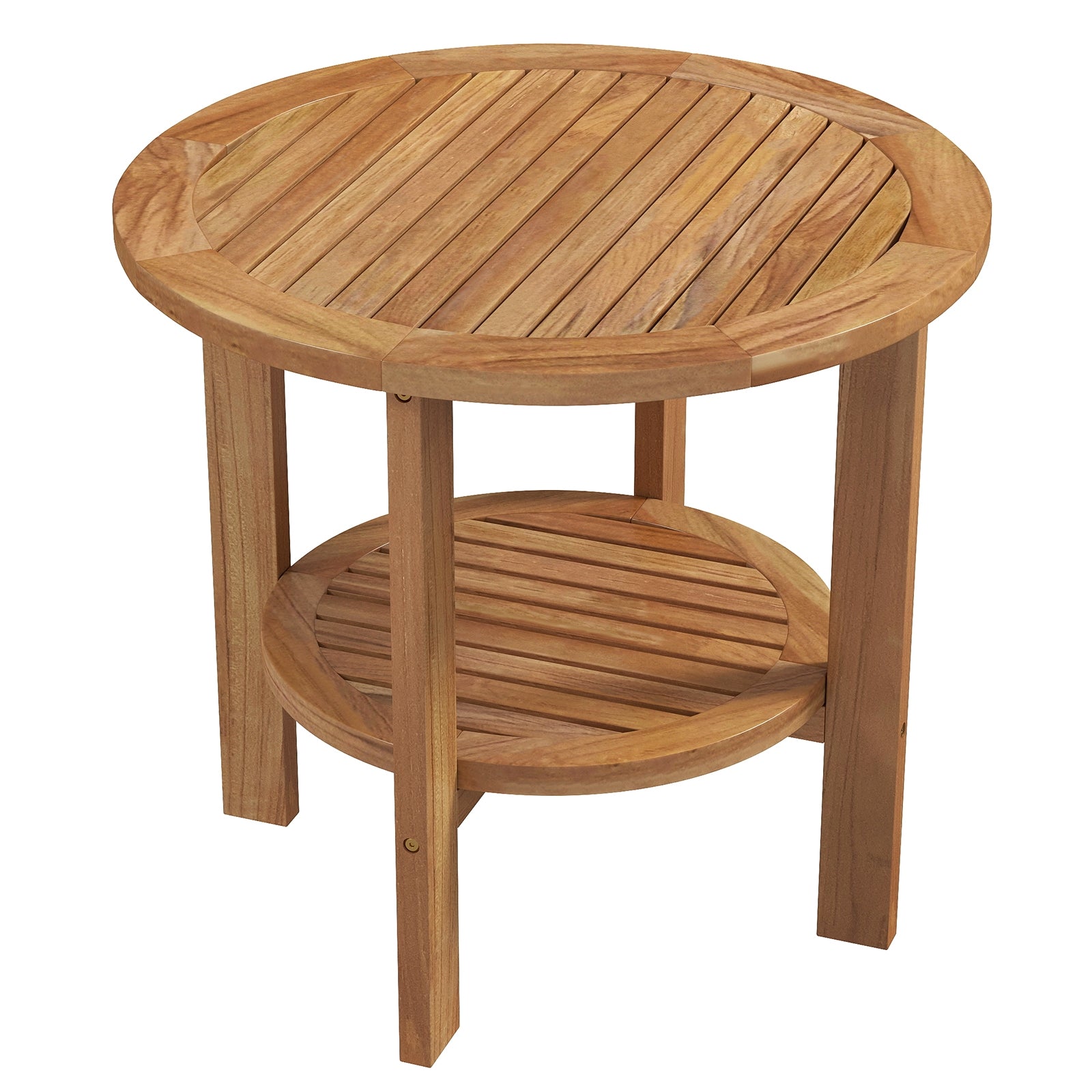 Outdoor Teak Wood Round Side Table Patio End Table with Slatted Storage Shelf, Natural Patio Coffee Tables at Gallery Canada