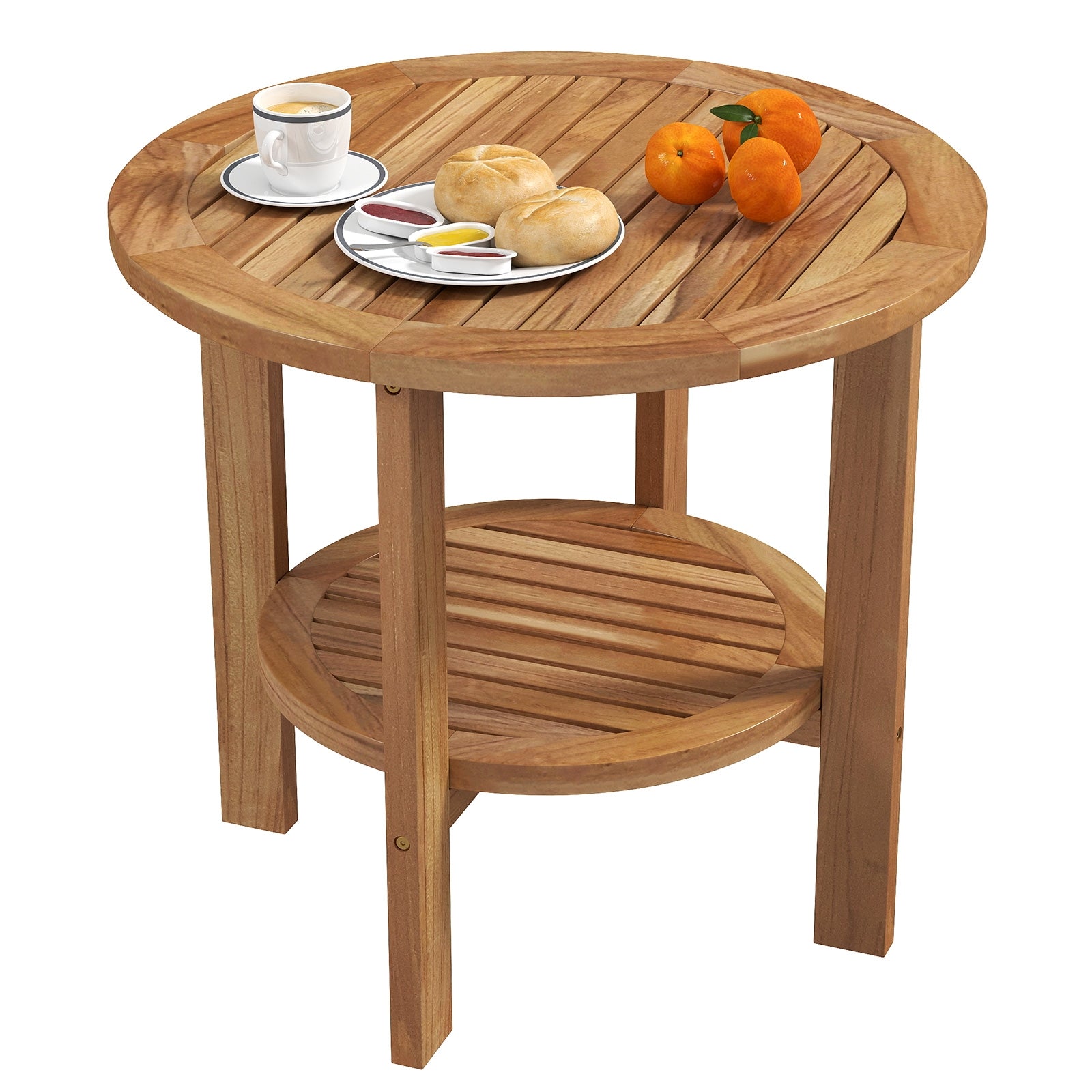 Outdoor Teak Wood Round Side Table Patio End Table with Slatted Storage Shelf, Natural Patio Coffee Tables at Gallery Canada