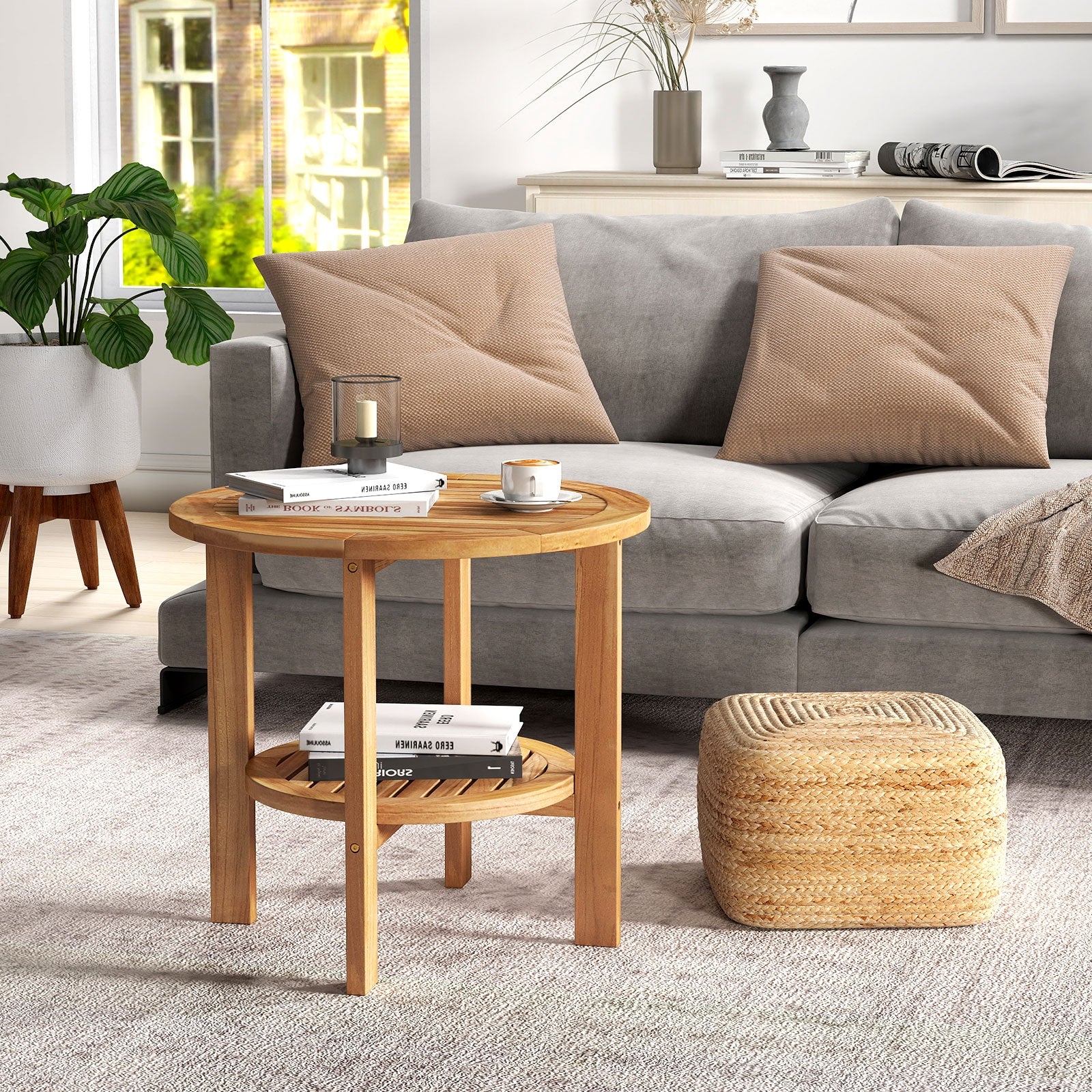 Outdoor Teak Wood Round Side Table Patio End Table with Slatted Storage Shelf, Natural Patio Coffee Tables at Gallery Canada