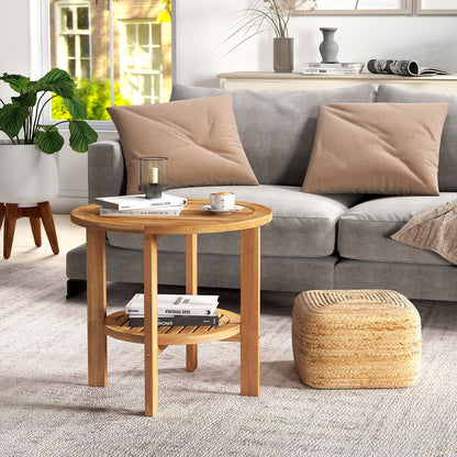 Outdoor Teak Wood Round Side Table Patio End Table with Slatted Storage Shelf, Natural Patio Coffee Tables at Gallery Canada