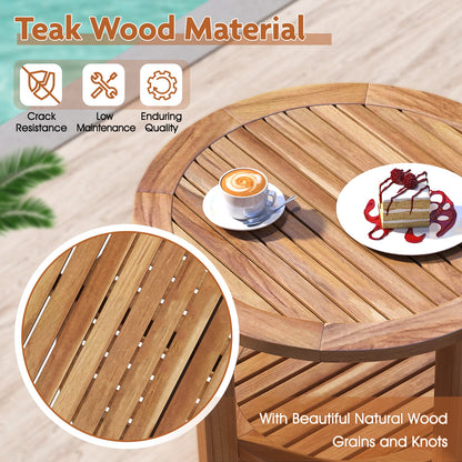 Outdoor Teak Wood Round Side Table Patio End Table with Slatted Storage Shelf, Natural Patio Coffee Tables at Gallery Canada