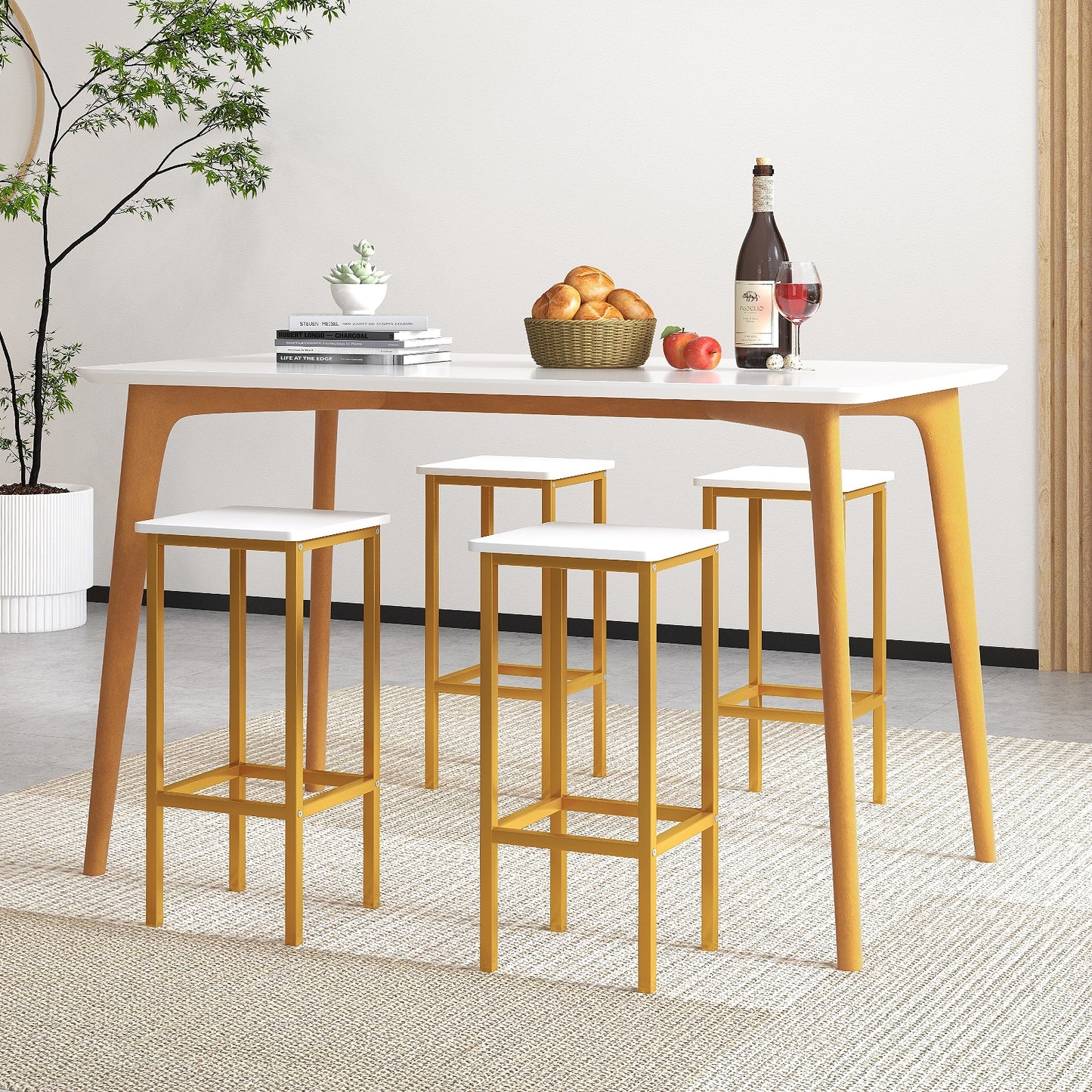 Set of 4 Bar Stool Set 26 Inch Bar Chair with Metal Legs and Footrest, White Bar Stools at Gallery Canada