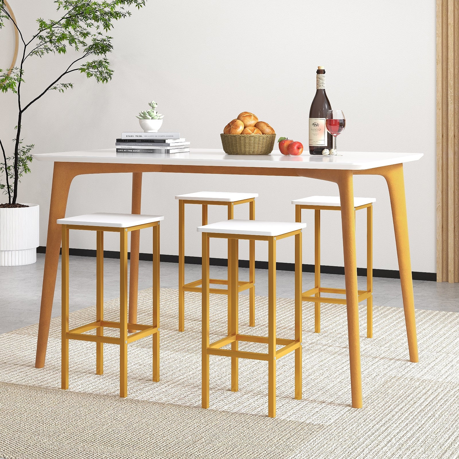 Set of 4 Bar Stool Set 26 Inch Bar Chair with Metal Legs and Footrest, White Bar Stools at Gallery Canada