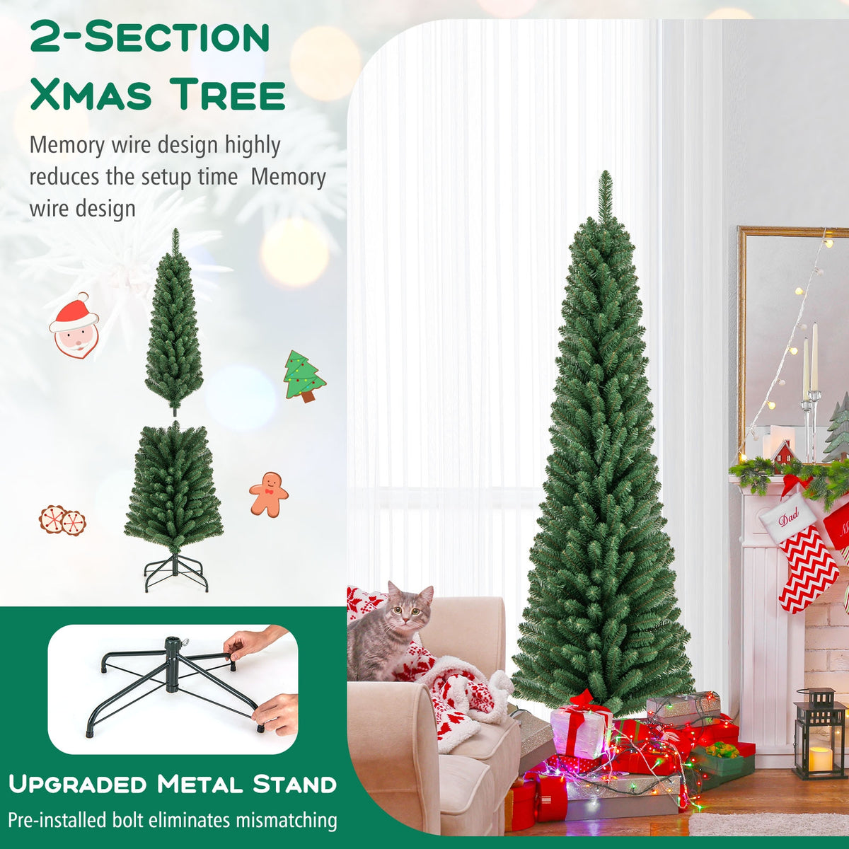 6 Ft Pencil Christmas Tree, 392 Memory Wire Branch Tips, Metal Stand, Green Christmas Tree at Gallery Canada