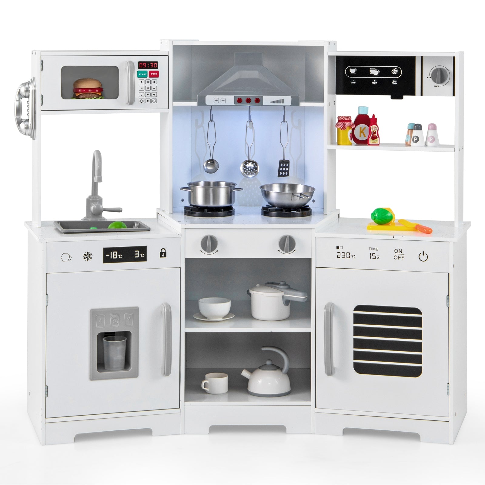 Pretend Play Kitchen Wooden Toy Set with Range Hood Real Sounds and Lights, White Play Kitchen Sets at Gallery Canada