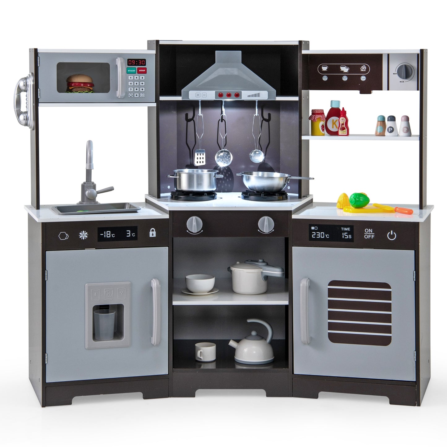 Pretend Play Kitchen Wooden Toy Set with Range Hood Real Sounds and Lights, Brown Play Kitchen Sets at Gallery Canada