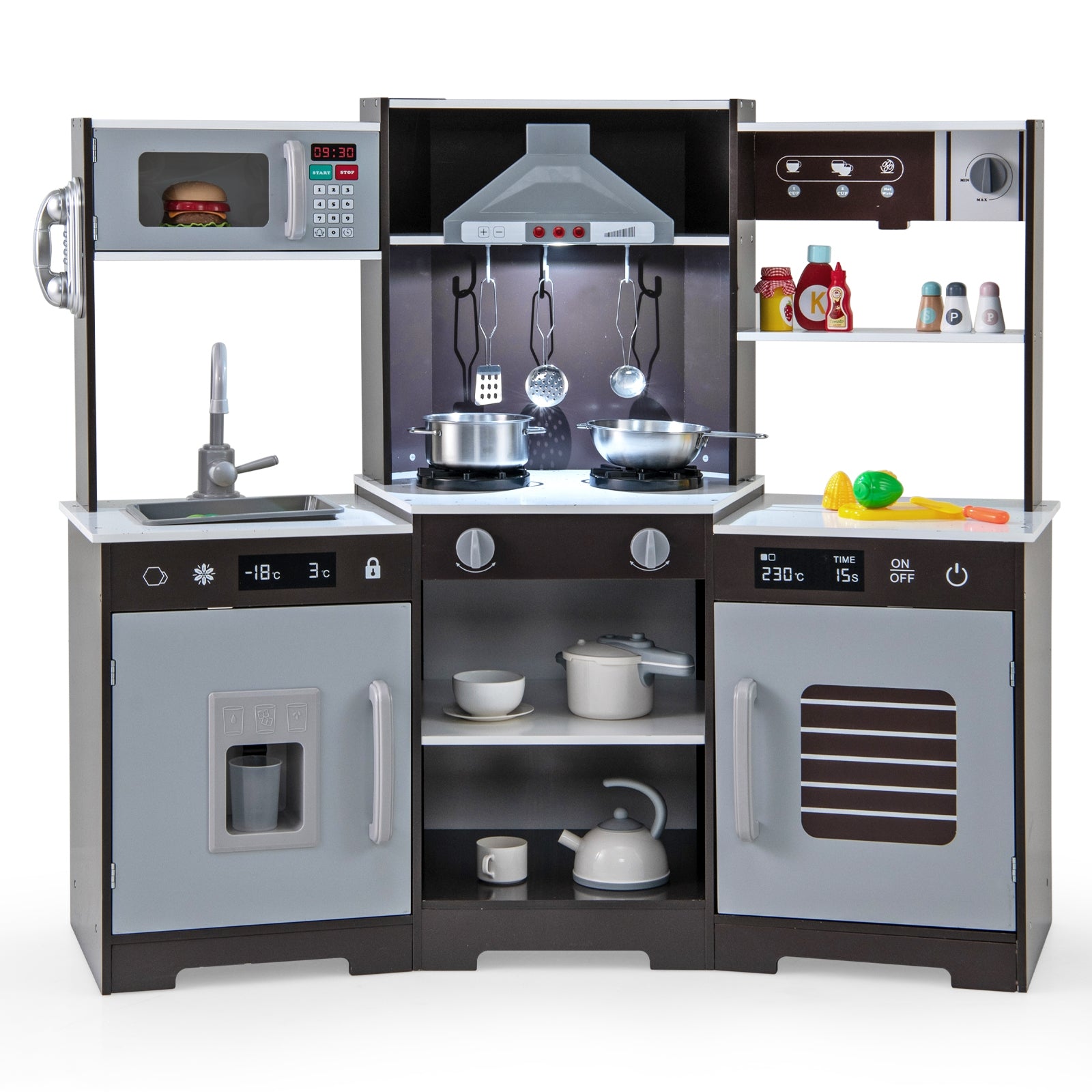 Pretend Play Kitchen Wooden Toy Set with Range Hood Real Sounds and Lights, Brown Play Kitchen Sets at Gallery Canada