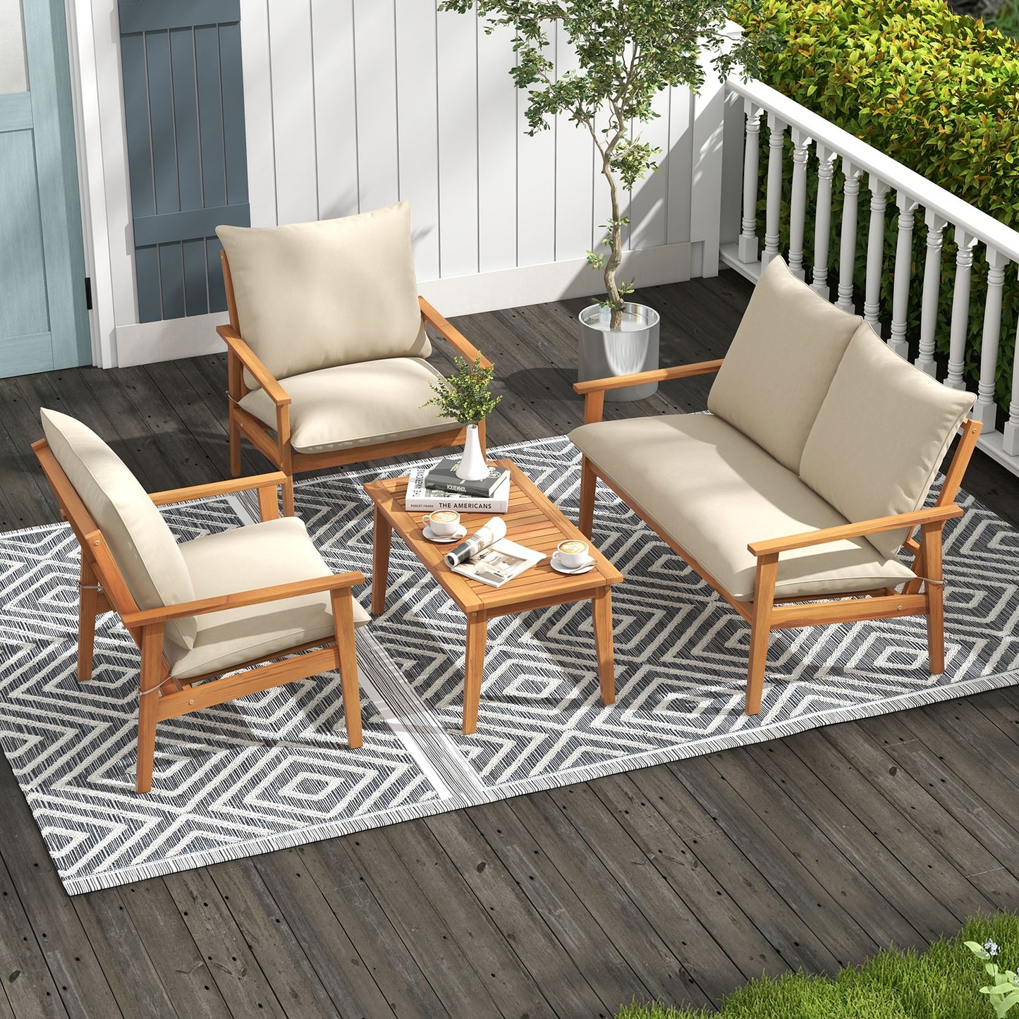 4 Pieces Outdoor Acacia Wood Conversation Set with Soft Cushions and Coffee Table, White Patio Conversation Sets at Gallery Canada