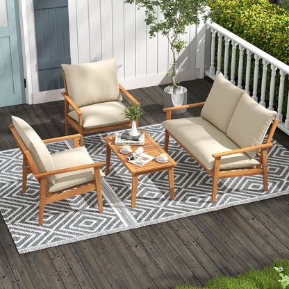 4 Pieces Outdoor Acacia Wood Conversation Set with Soft Cushions and Coffee Table, White Patio Conversation Sets at Gallery Canada