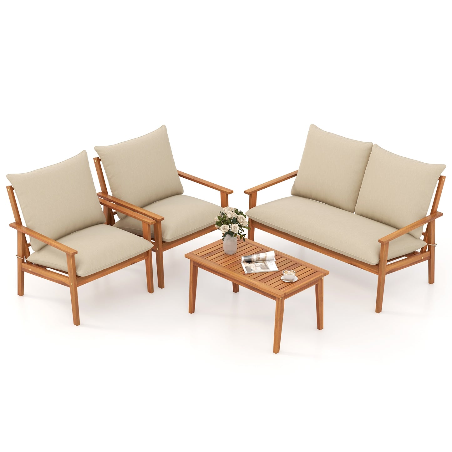 4 Pieces Outdoor Acacia Wood Conversation Set with Soft Cushions and Coffee Table, White Patio Conversation Sets at Gallery Canada