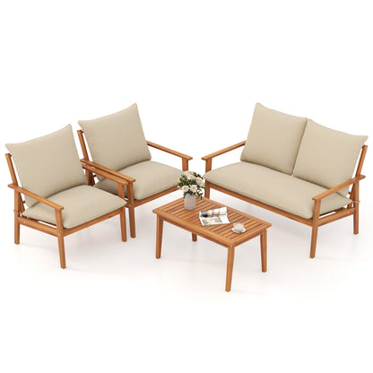 4 Pieces Outdoor Acacia Wood Conversation Set with Soft Cushions and Coffee Table, White Patio Conversation Sets at Gallery Canada