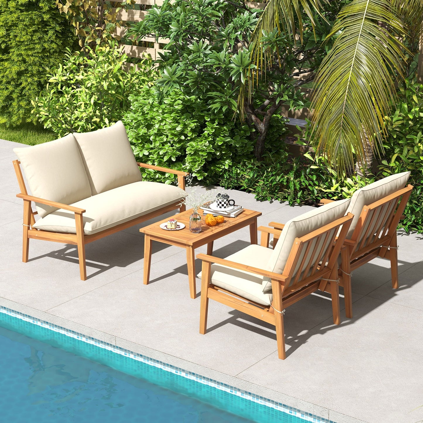 4 Pieces Outdoor Acacia Wood Conversation Set with Soft Cushions and Coffee Table, White Patio Conversation Sets at Gallery Canada
