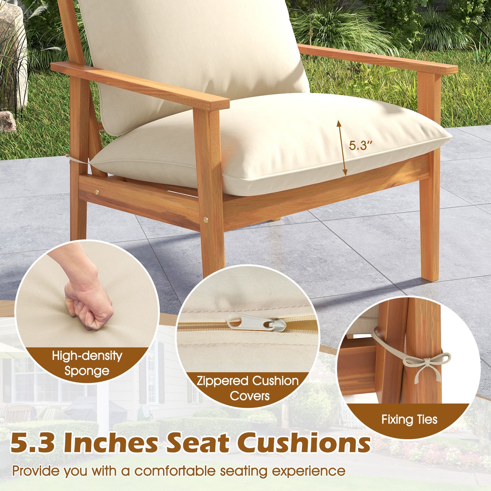 4 Pieces Outdoor Acacia Wood Conversation Set with Soft Cushions and Coffee Table, White Patio Conversation Sets at Gallery Canada