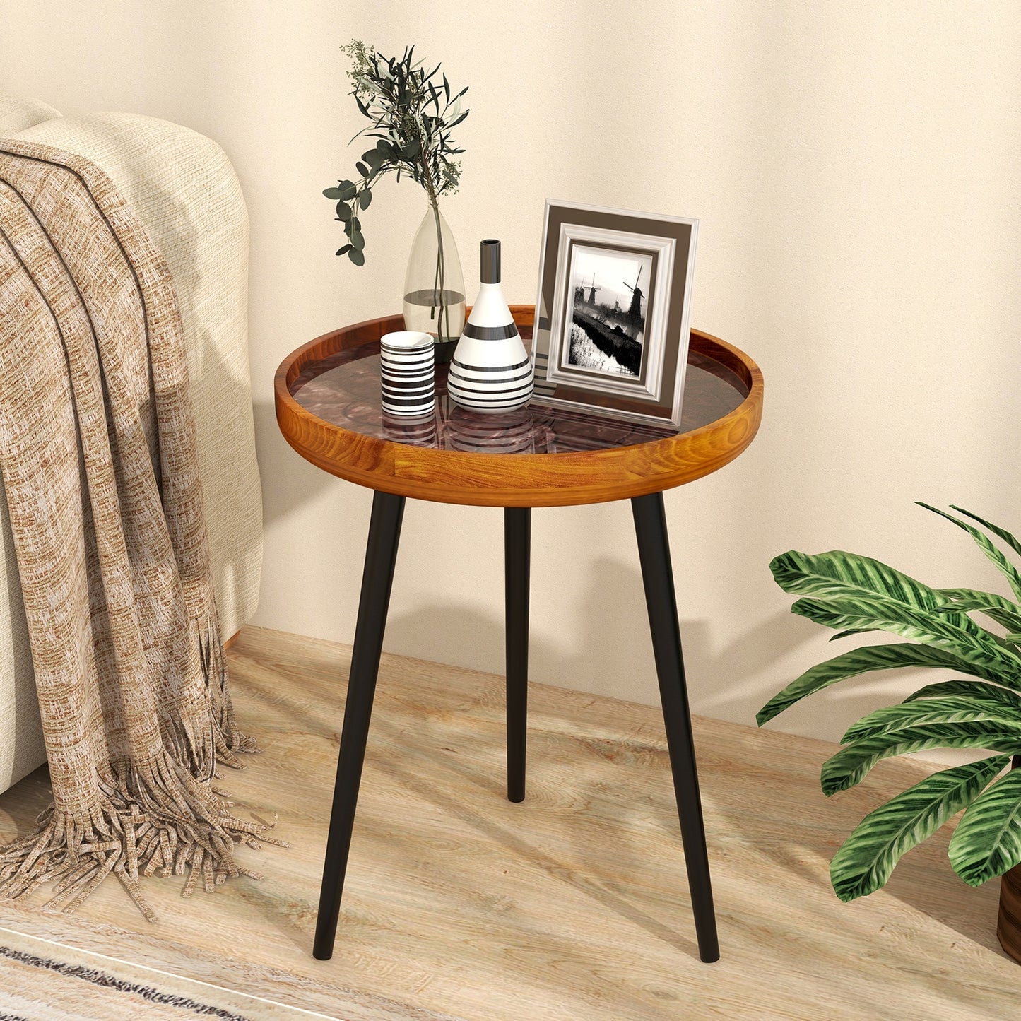16 Inch Round End Table with Sea Shell Decoration and Epoxy Resin Finish, Brown End & Side Tables at Gallery Canada
